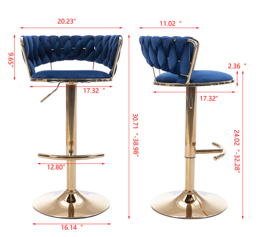 Navy velvet bar stool with gold base and tufted back