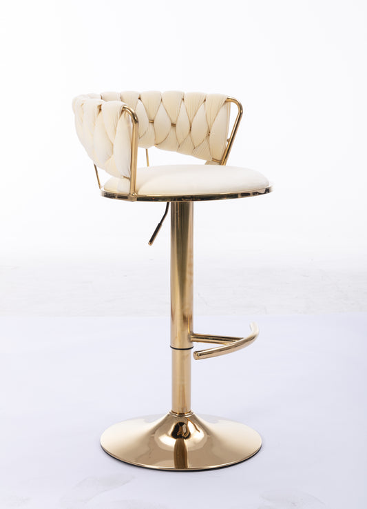 Cream velvet bar stool with gold metal accents and tufted back