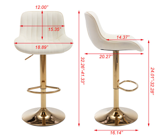 Cream velvet bar stool with gold base and adjustable height