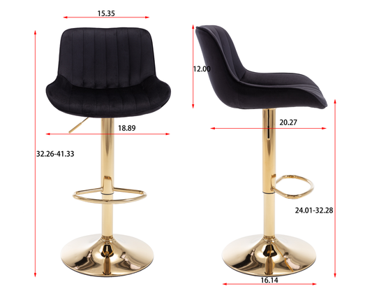 Black velvet bar stool with gold base and adjustable height