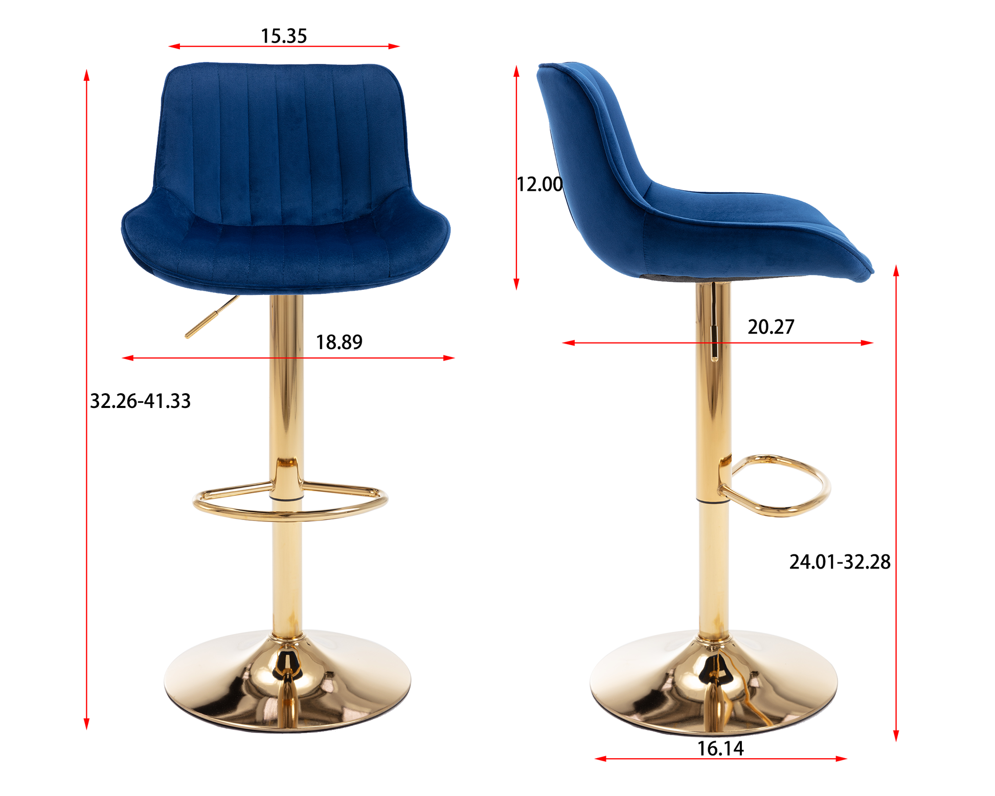 Deep blue velvet bar stool with gold adjustable pedestal and footrest