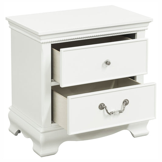 Elegant white nightstand with two drawers featuring ornate silver pulls and crystal knobs