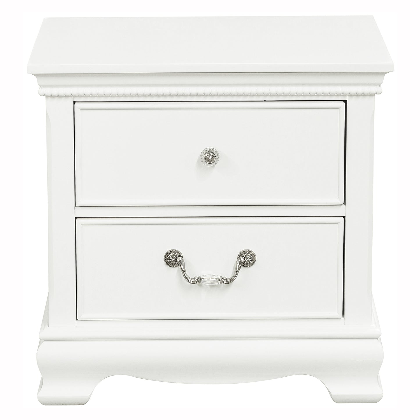 White twodrawer nightstand with decorative trim and crystal knobs