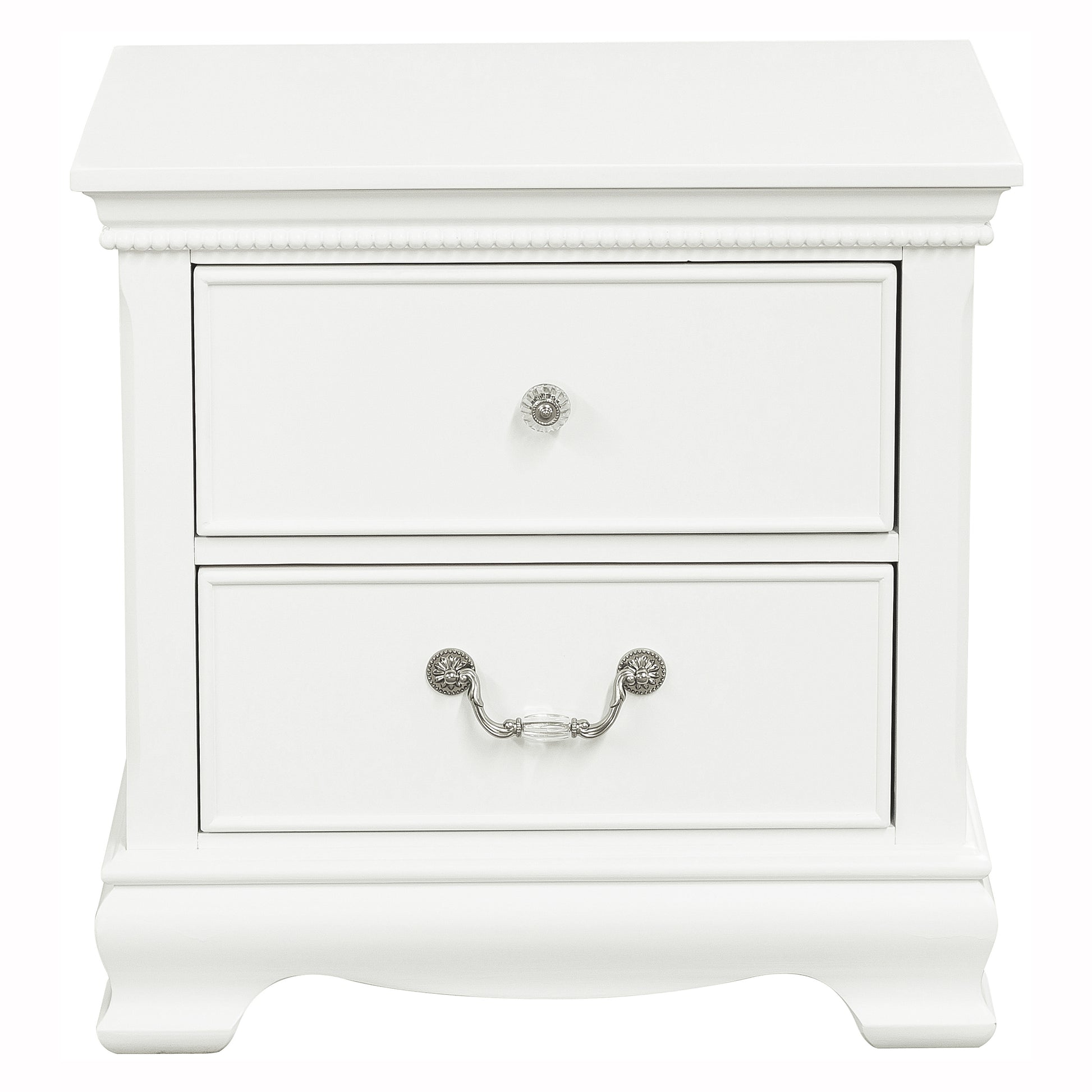 White twodrawer nightstand with decorative trim and crystal knobs