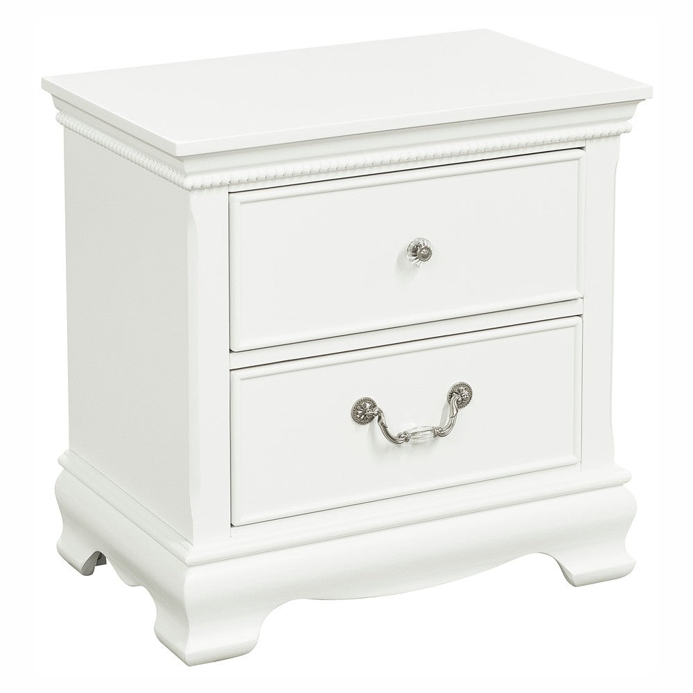 White twodrawer nightstand with crystal knobs and ornate drawer pulls