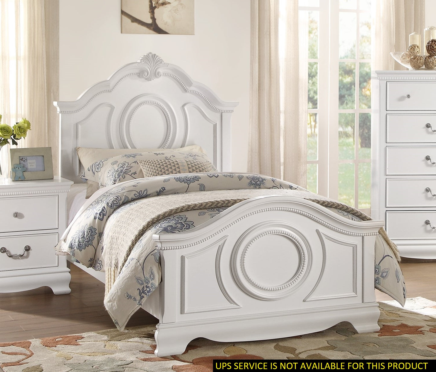 Elegant white twin bed frame with ornate detailing