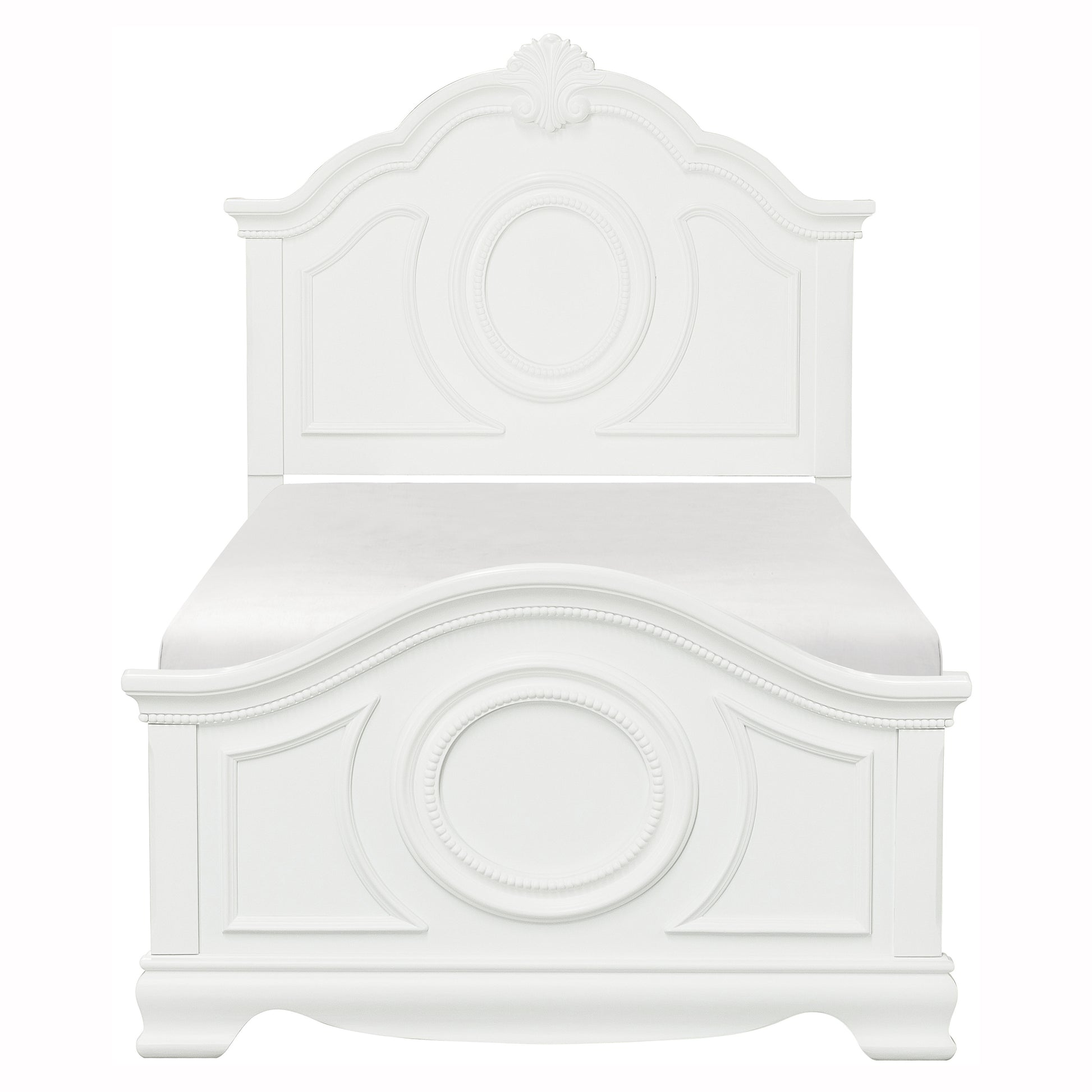 Elegant white wooden ornate bed frame with detailed carving