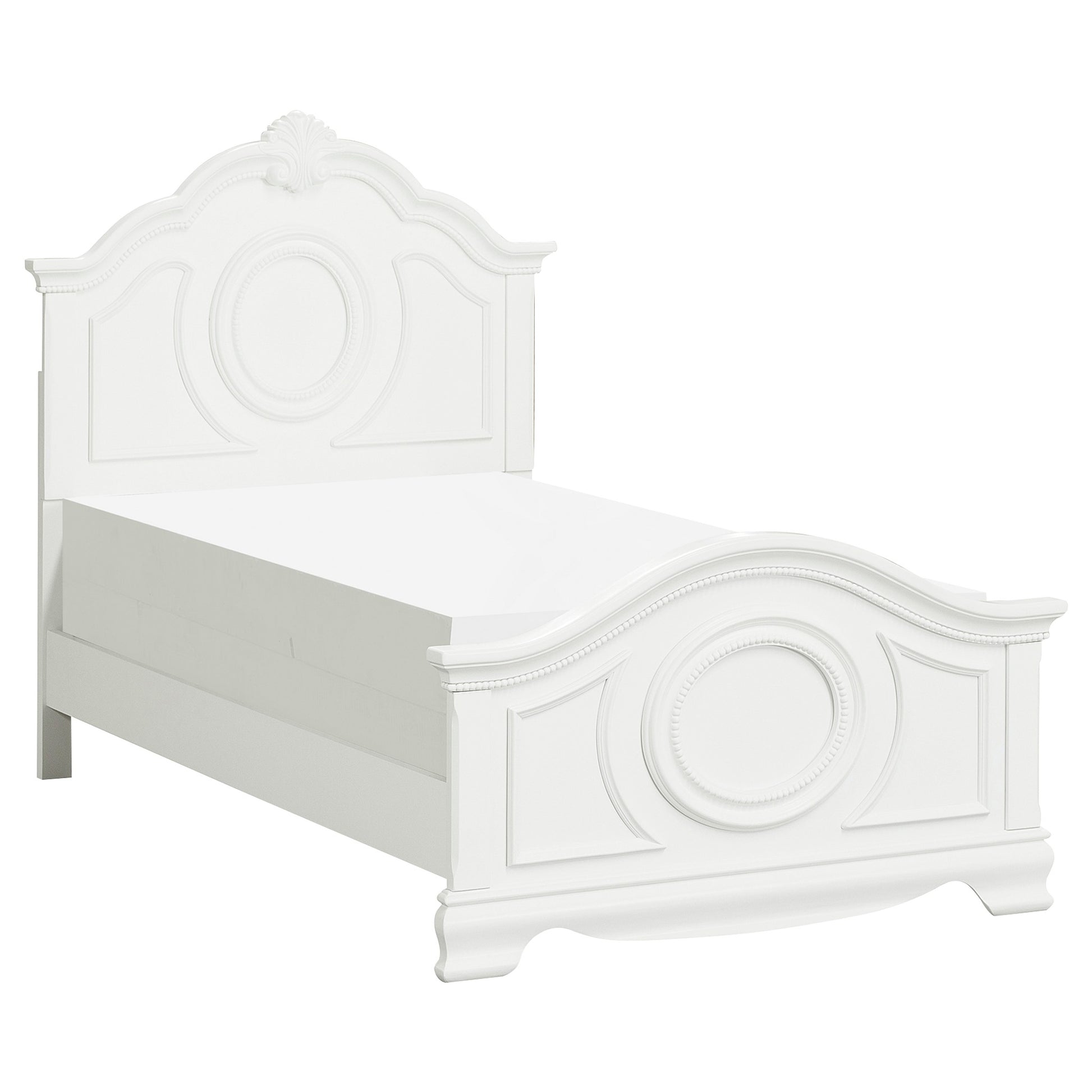 Elegant white wooden twin bed with ornate headboard and footboard