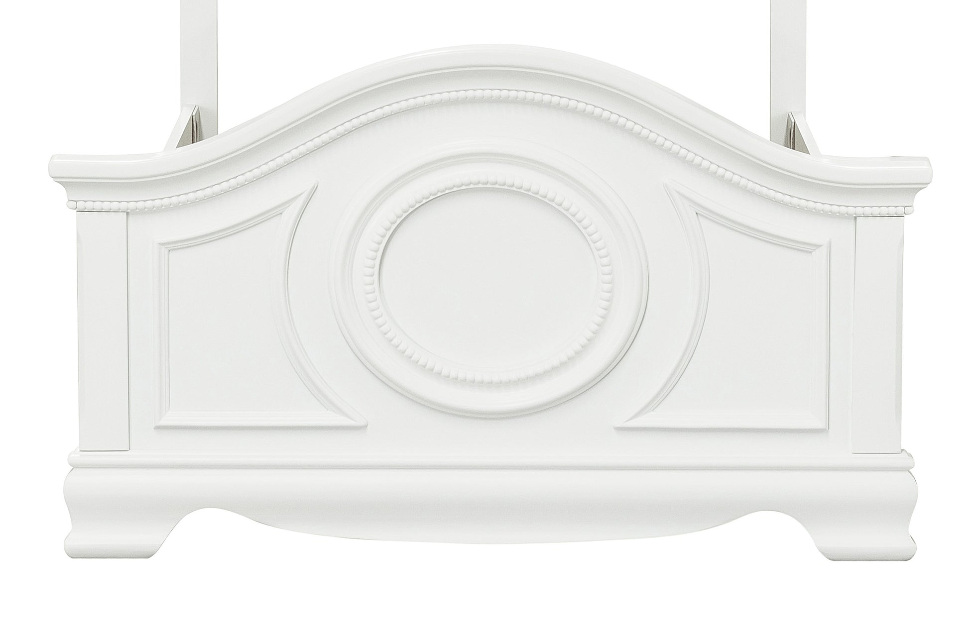 White traditional wood headboard with carved circular detail