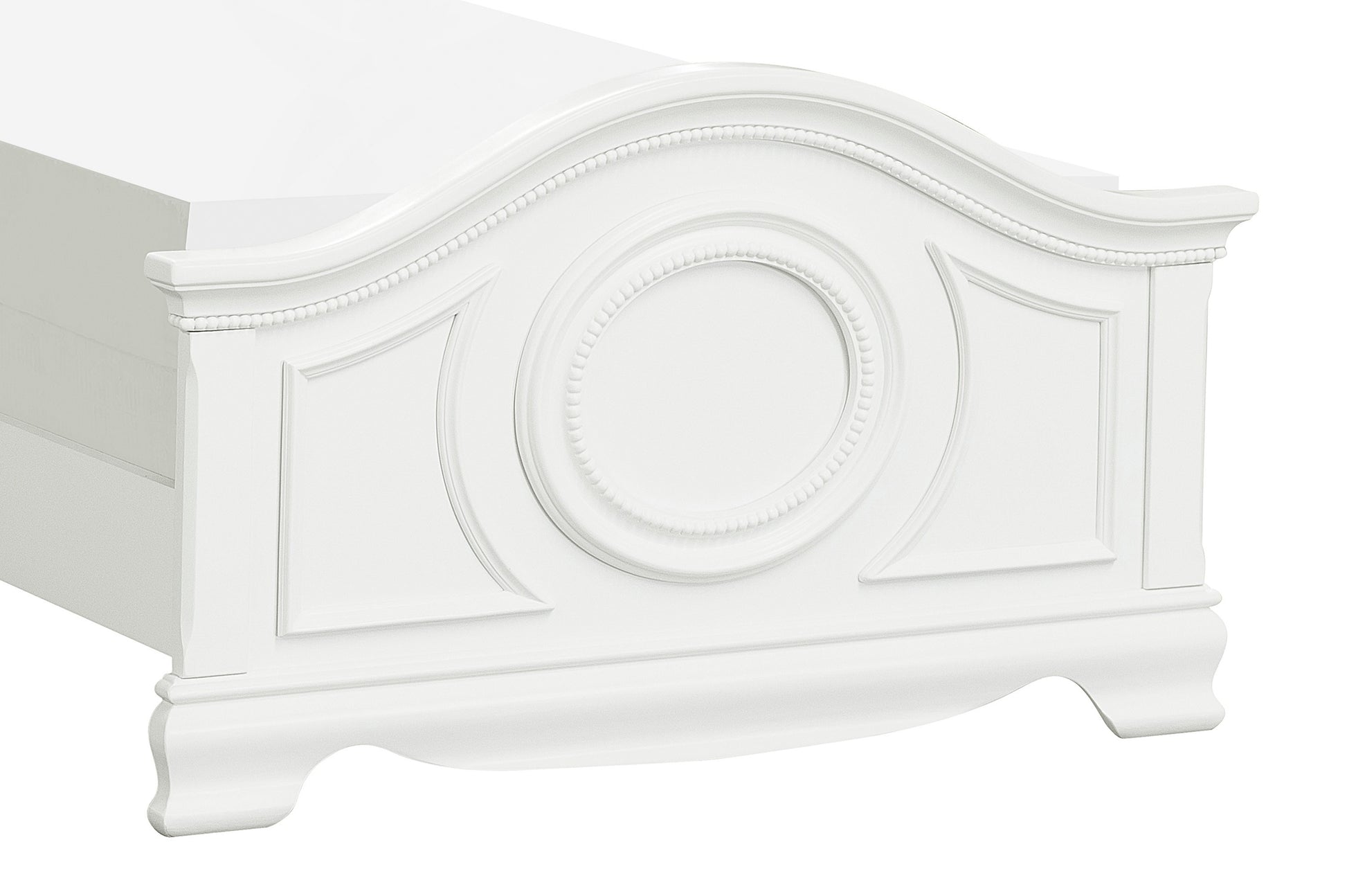 White wooden sleigh bed frame with decorative molding and bead trim