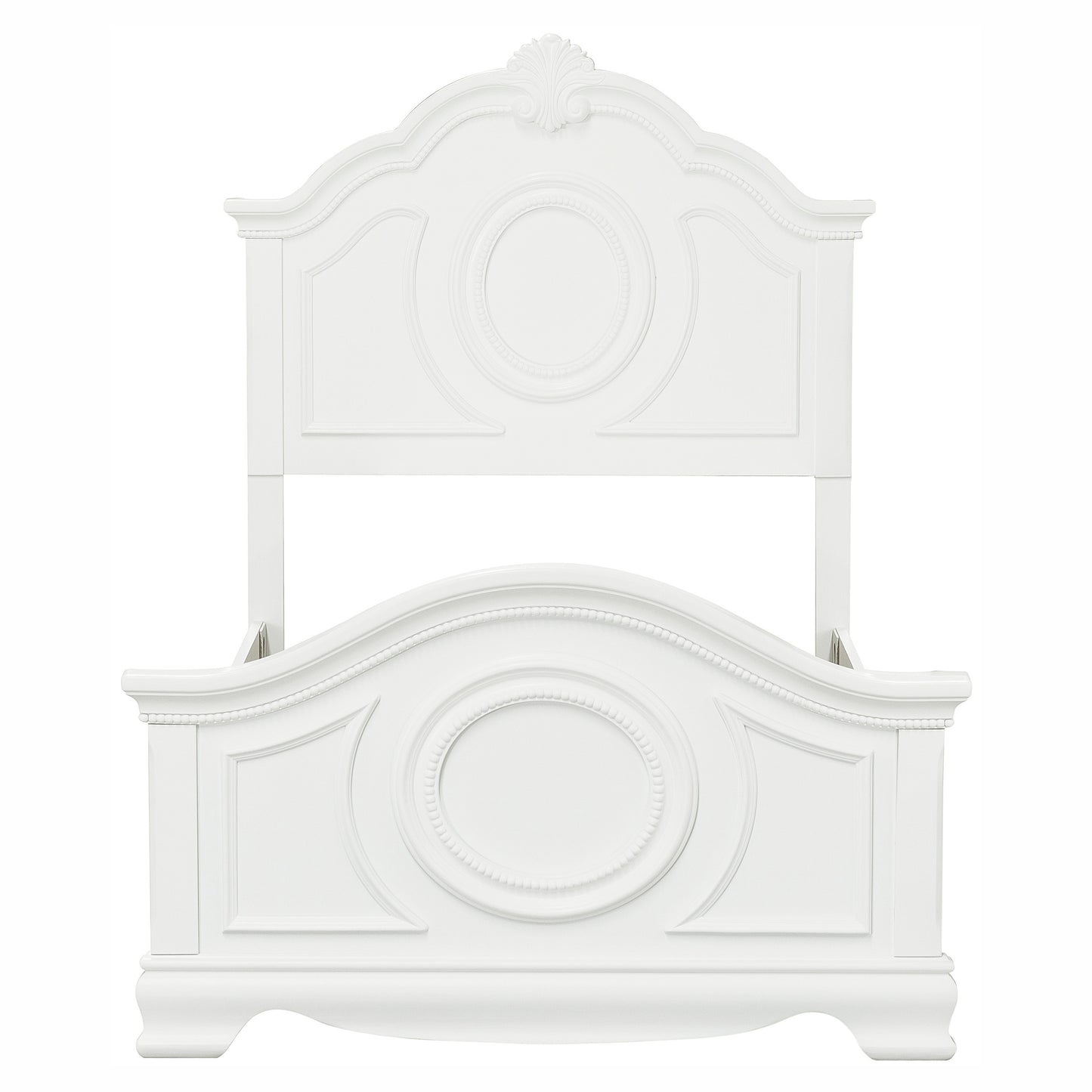 Elegant white ornate toddler bed with carved detailing and curved headboard
