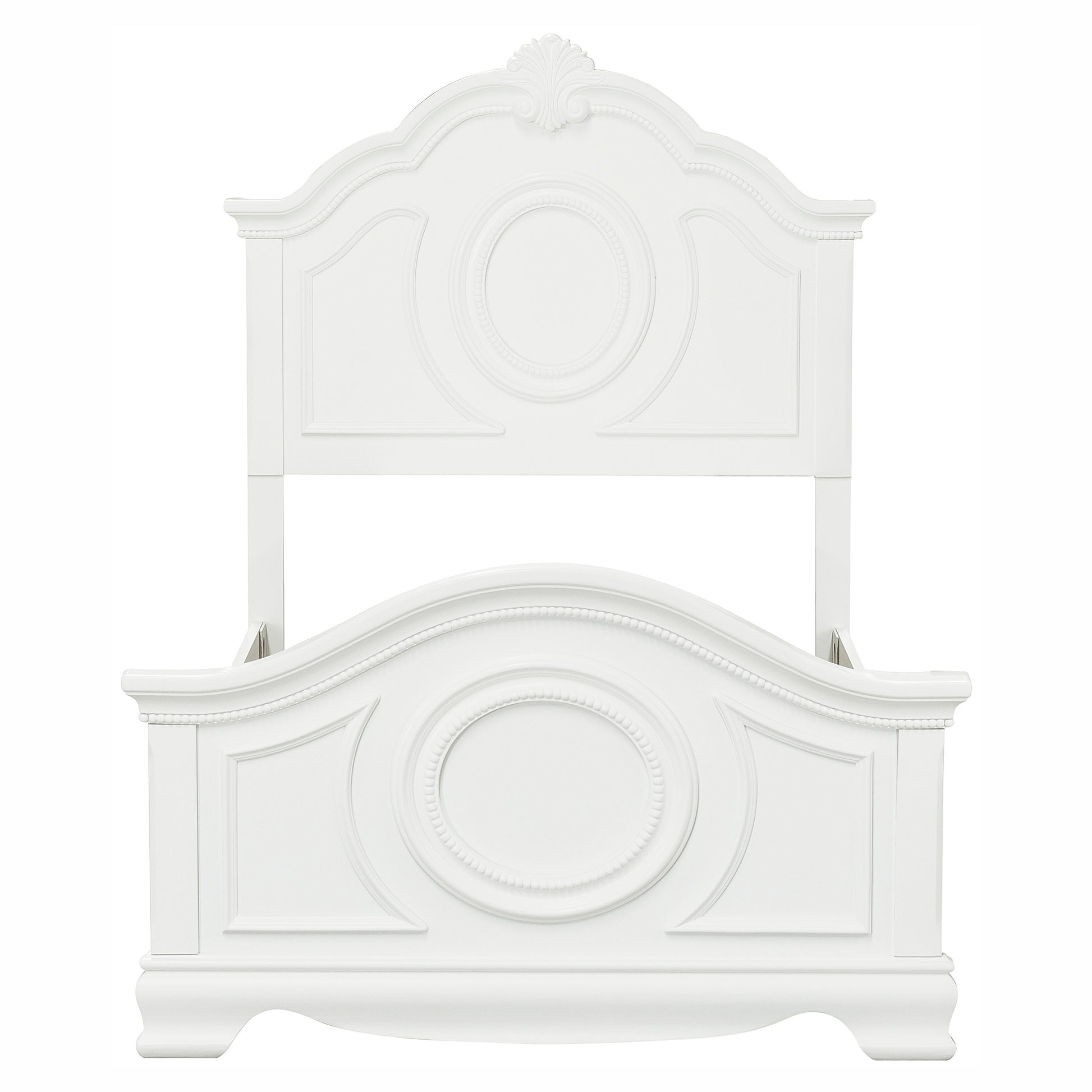 Elegant white ornate toddler bed with carved detailing and curved headboard