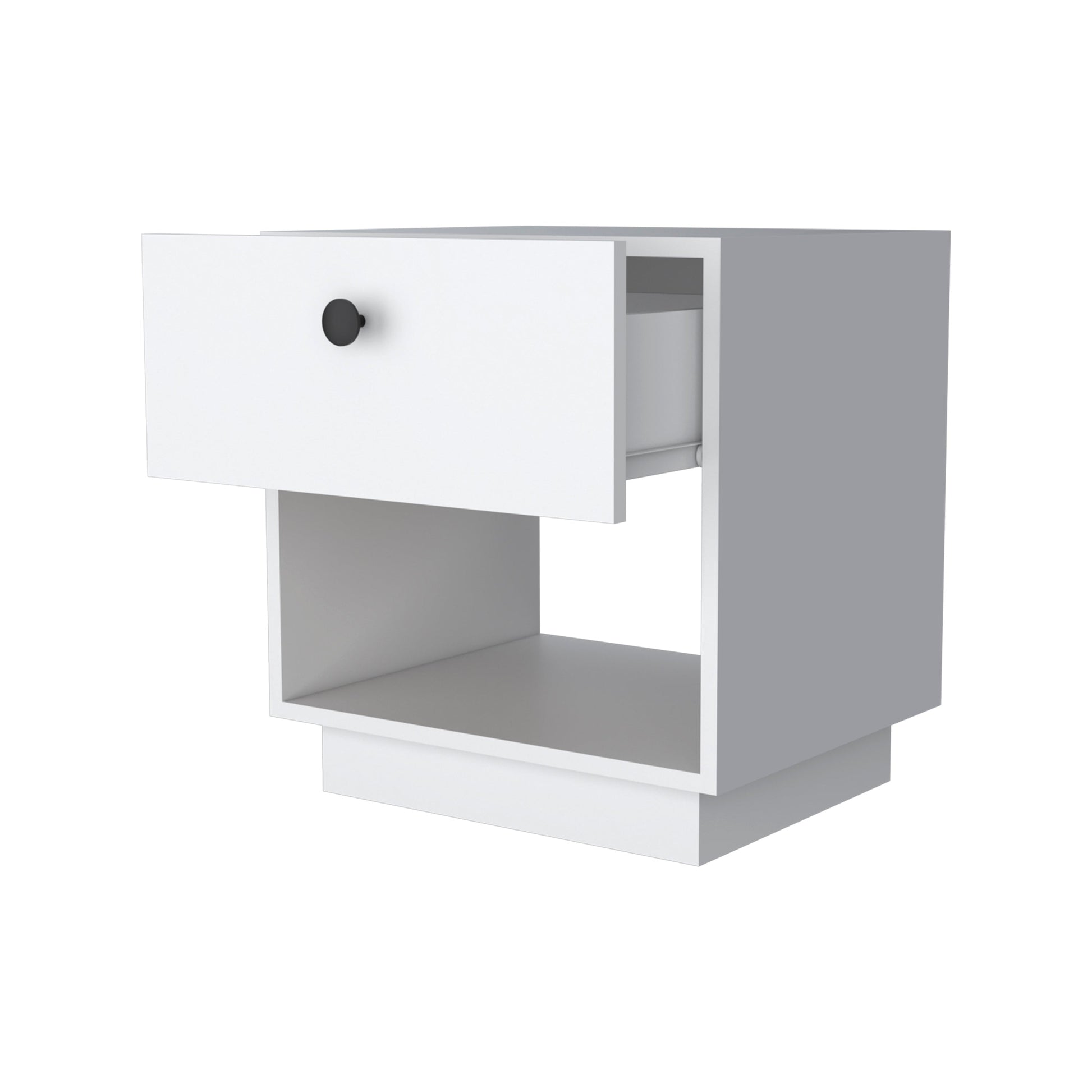 White modern nightstand with one drawer and open shelf