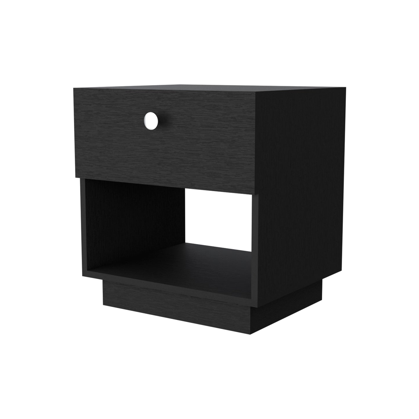 Modern black wood nightstand with one drawer and open shelf