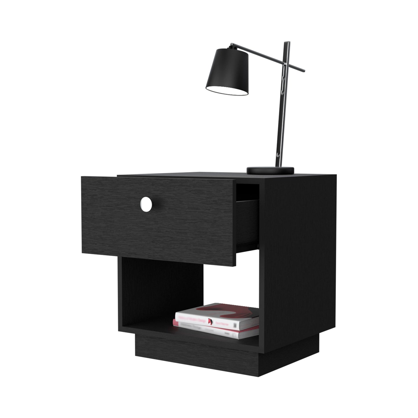 Black wood grain nightstand with open drawer and shelf