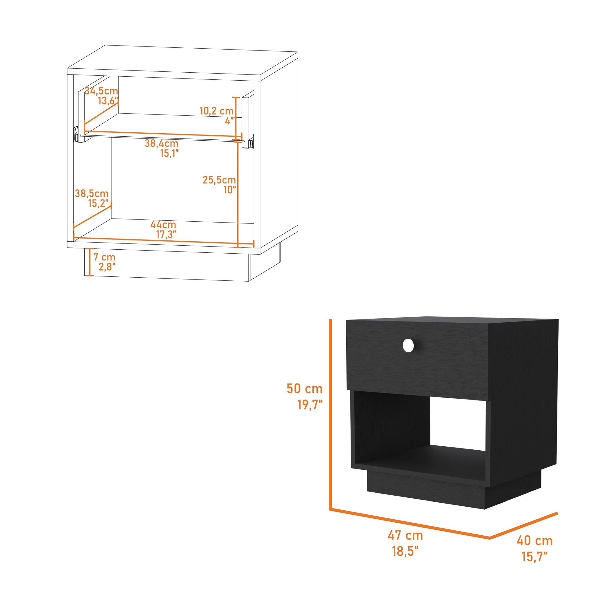 Black modern nightstand with drawer and open shelf