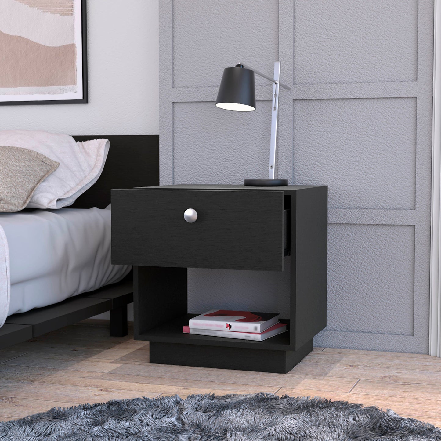 Black modern nightstand with one drawer and open shelf