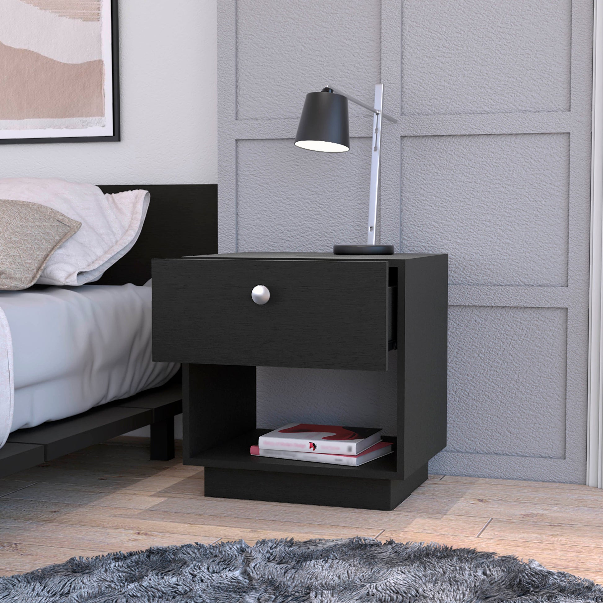 Black modern nightstand with one drawer and open shelf