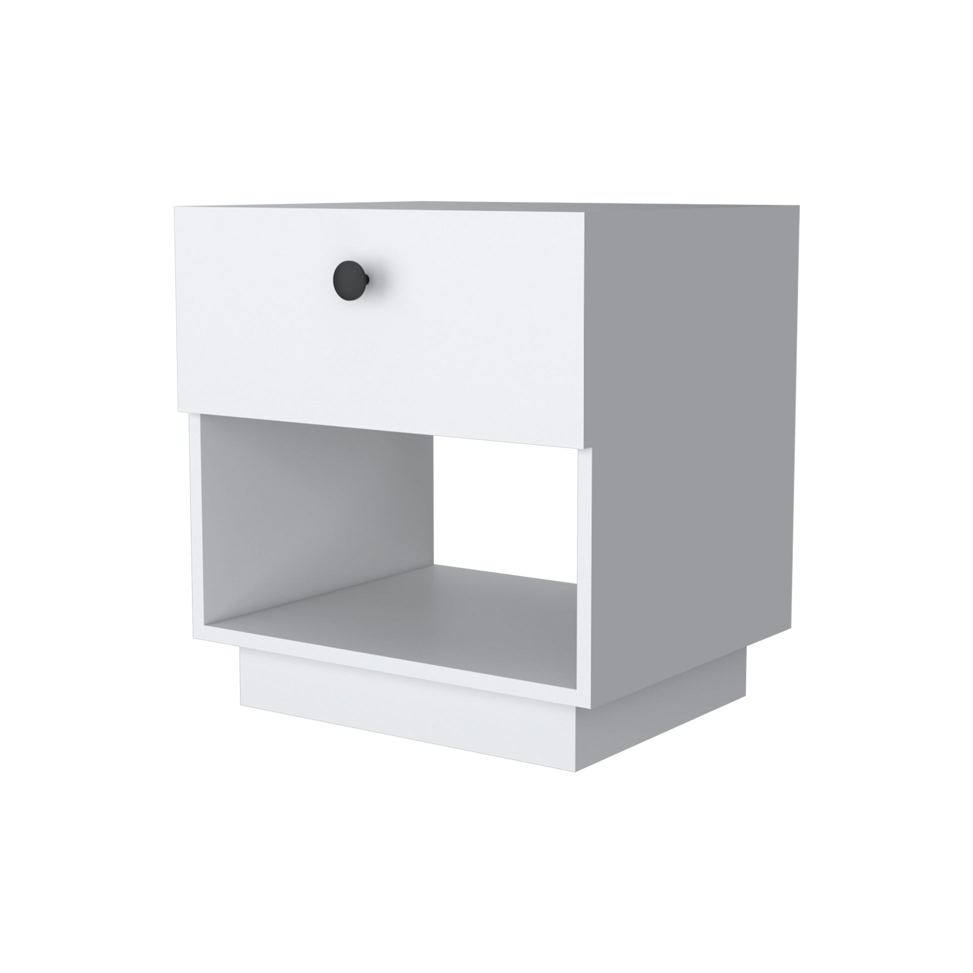 White modern nightstand with one drawer and open shelf