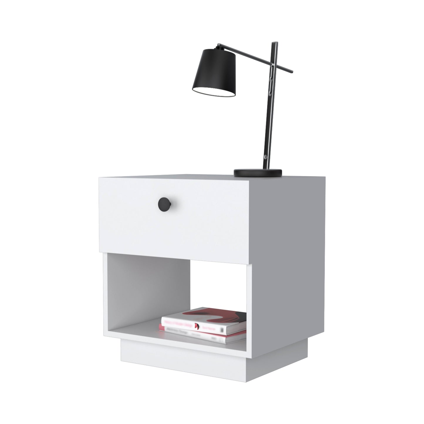 Modern white nightstand with a drawer and open shelf