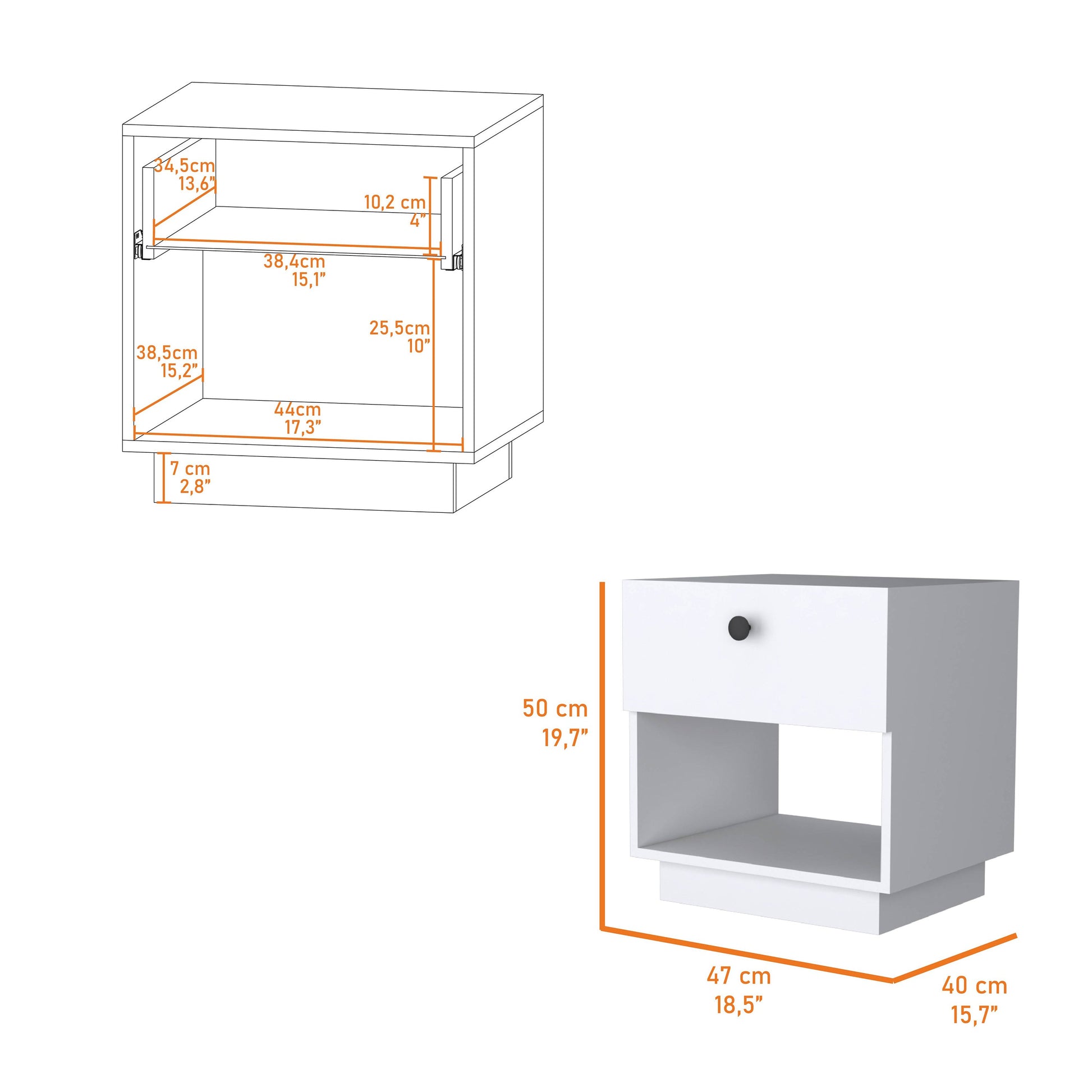 White minimalist nightstand with open shelf and single drawer