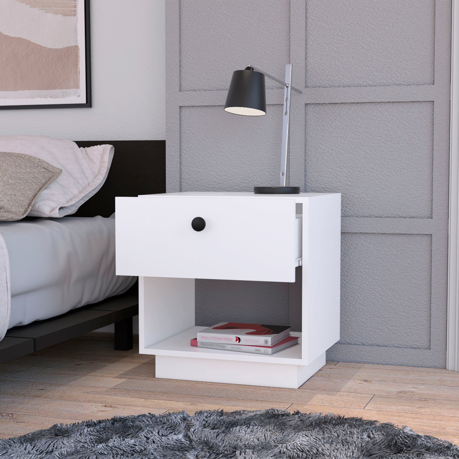 Modern white nightstand with single drawer and open shelf