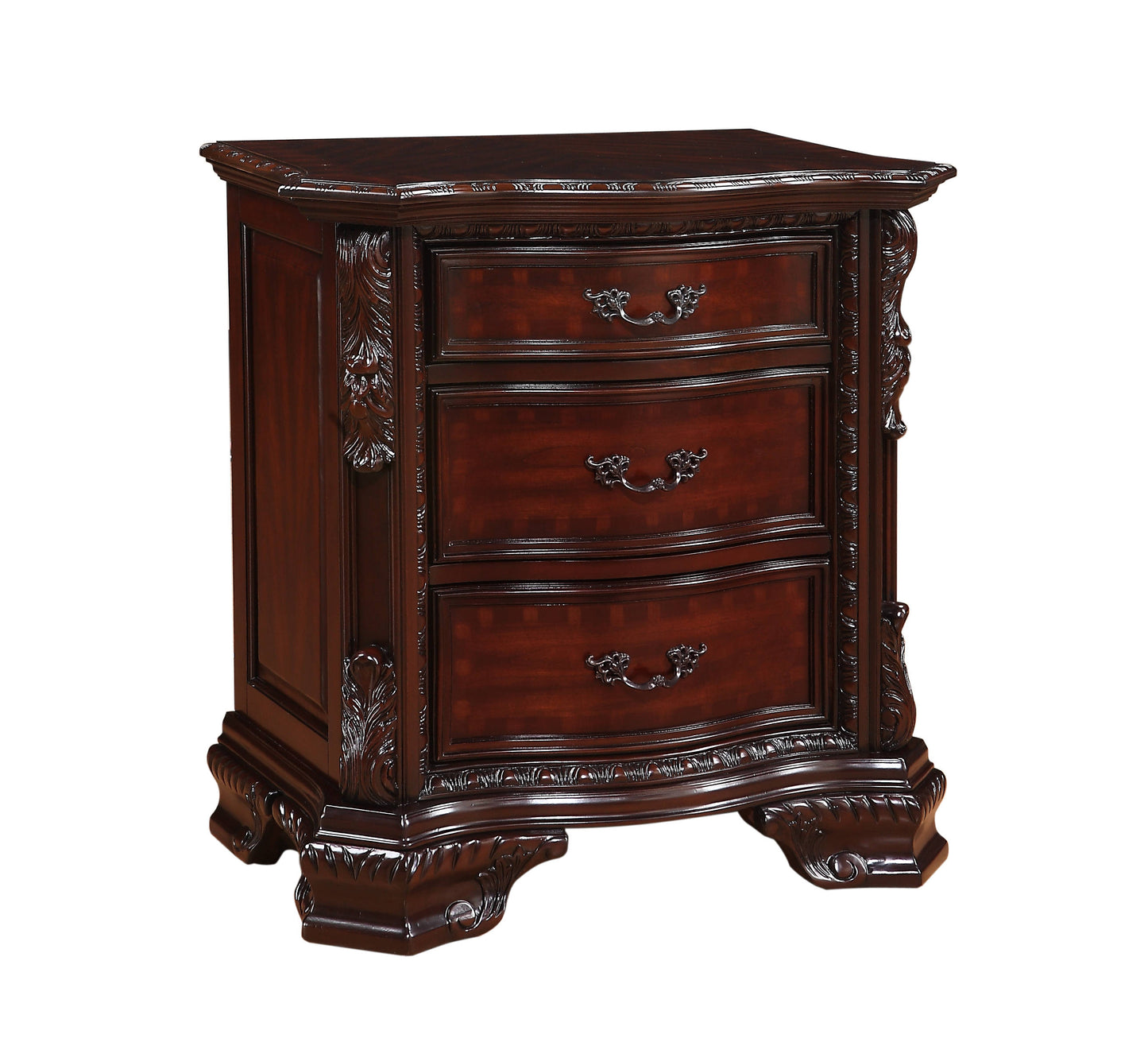 Ornate mahogany threedrawer nightstand with carved details and antique brass hardware