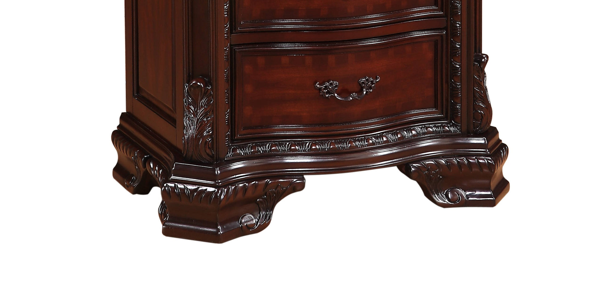 Dark cherry wood nightstand with carved accents and ornate drawer pull