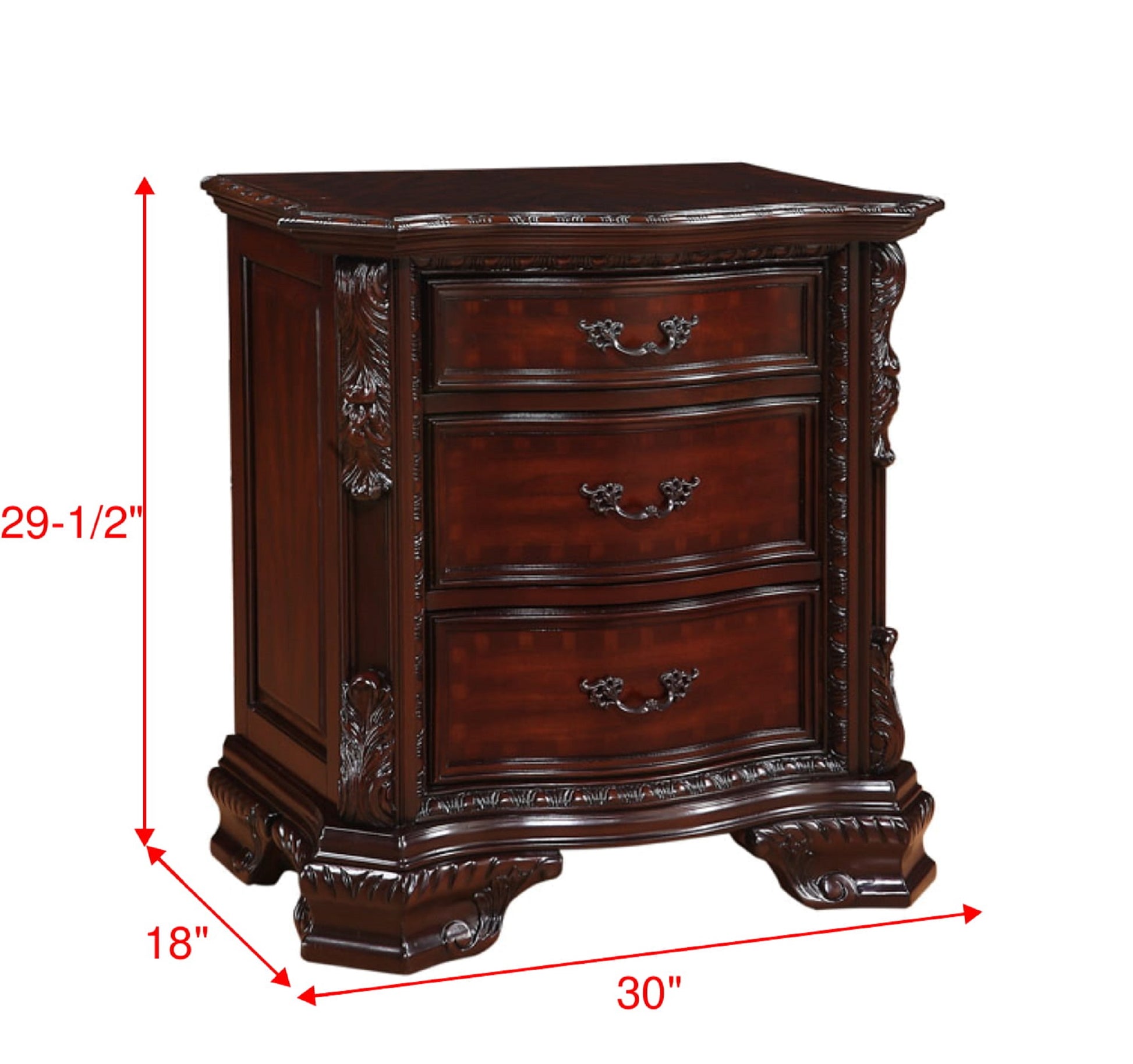 Ornate dark cherry wood nightstand with three drawers and decorative carved accents fitting for classic bedroom decor