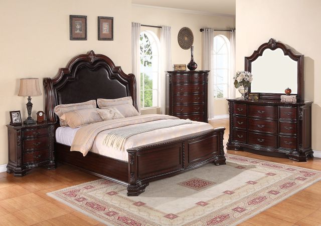 Ornate dark wood king bed frame with tufted headboard