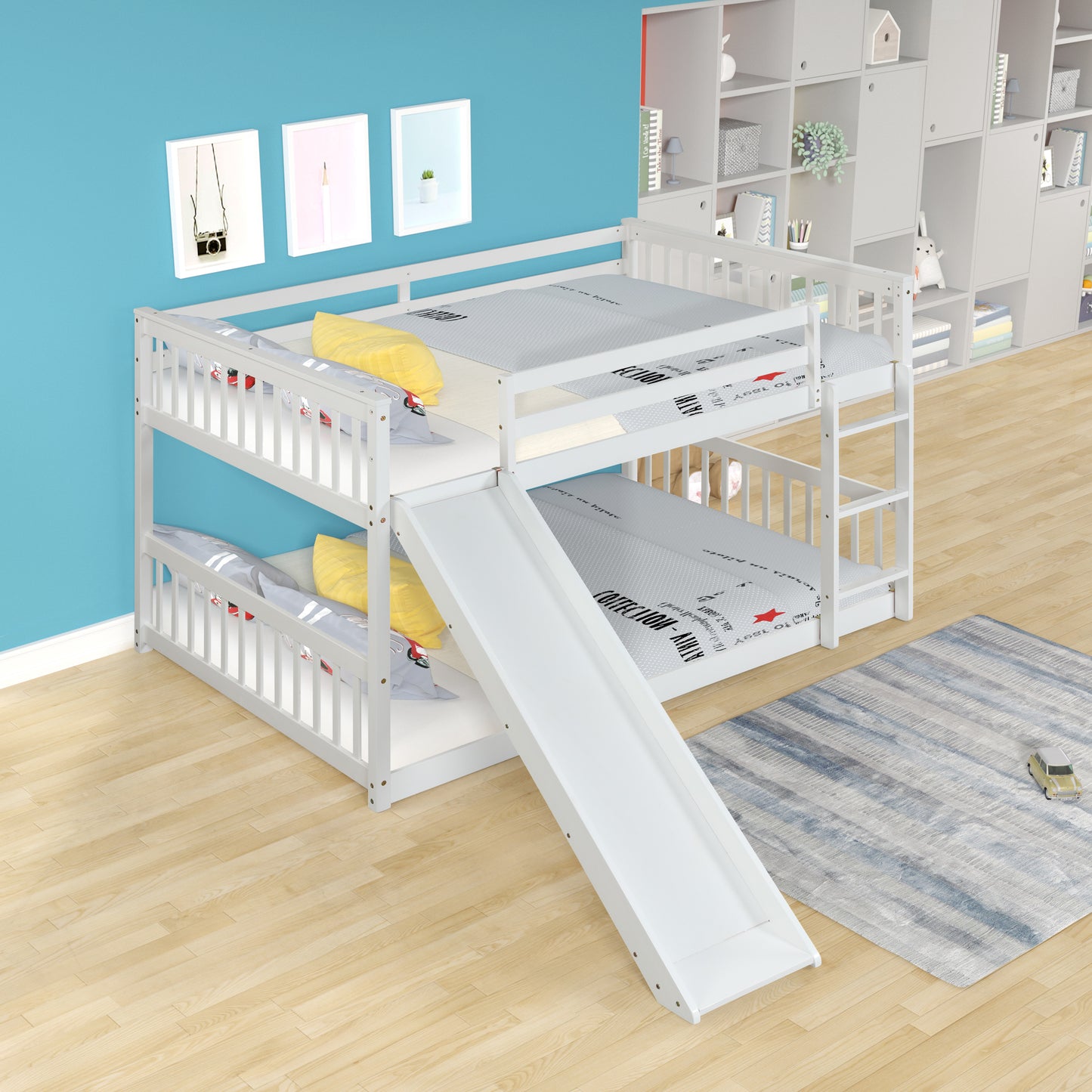 White wooden bunk bed with slide and yellow pillows perfect for kids rooms