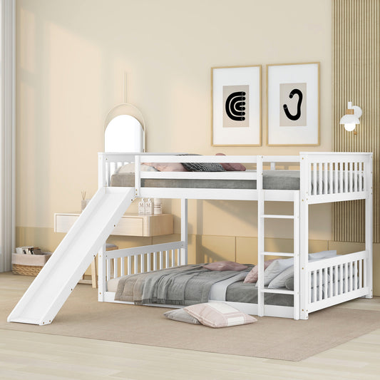 White wooden twin over twin bunk bed with slide for kids