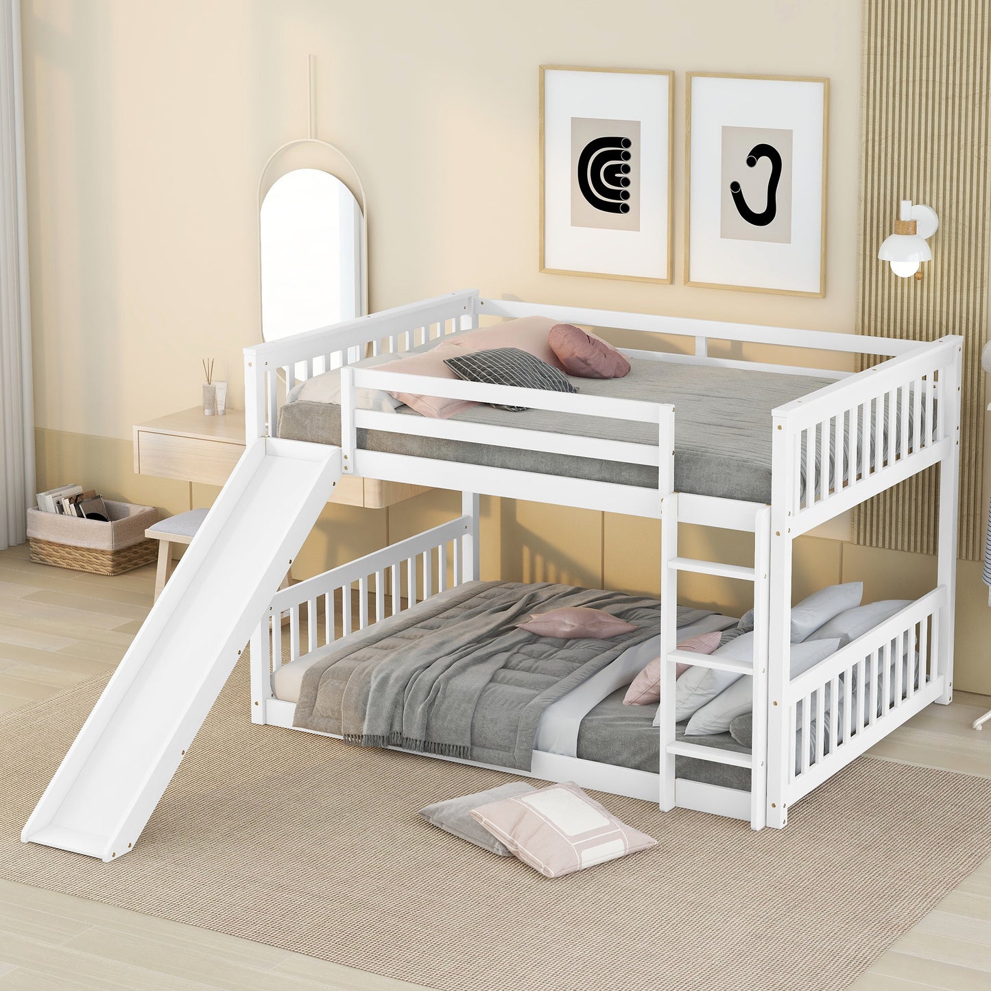 White wooden twin over twin bunk bed with slide
