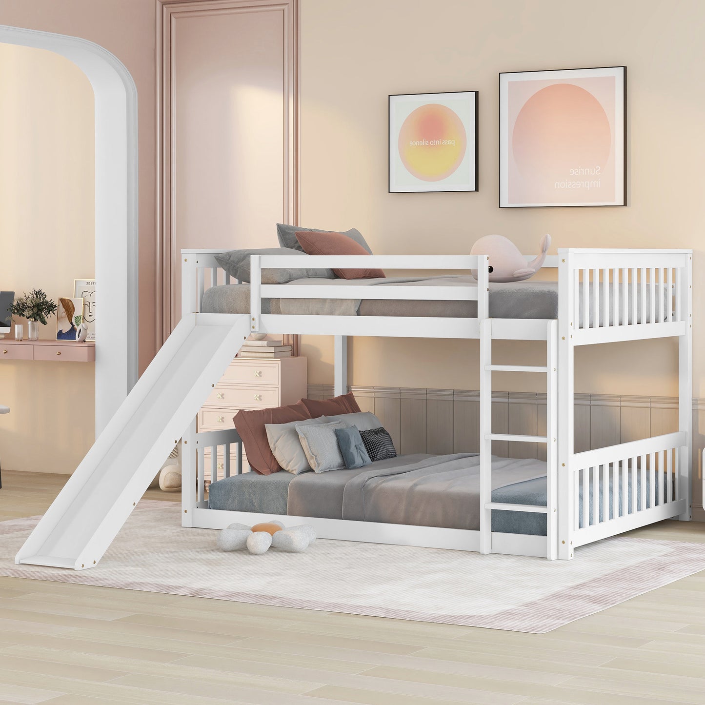 White wooden twin bunk bed with slide for kids