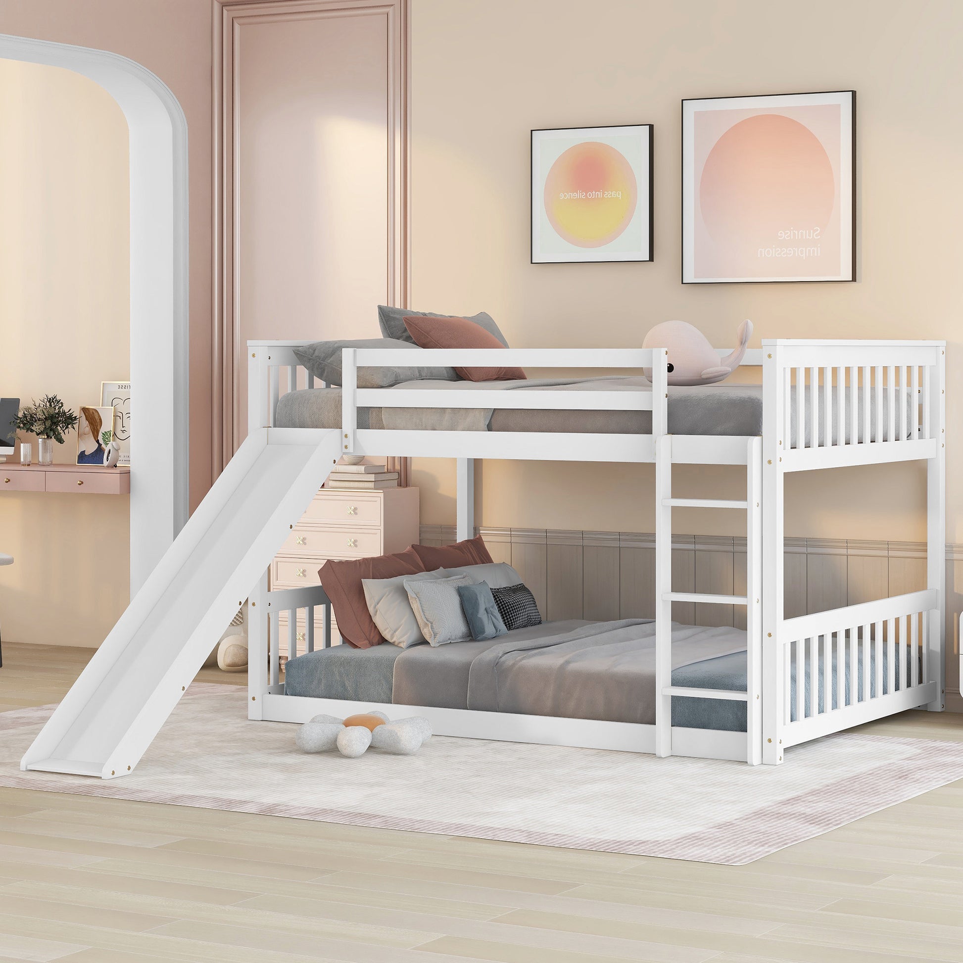 White wooden twin bunk bed with slide for kids