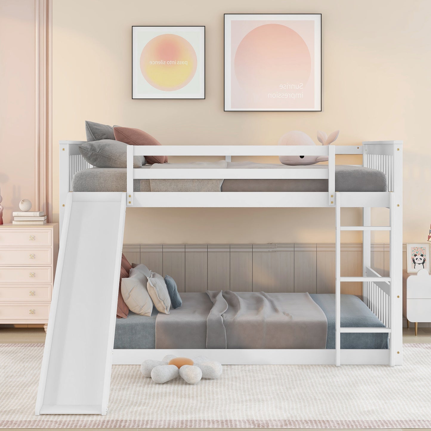 White wooden bunk bed with slide and ladder for kids rooms