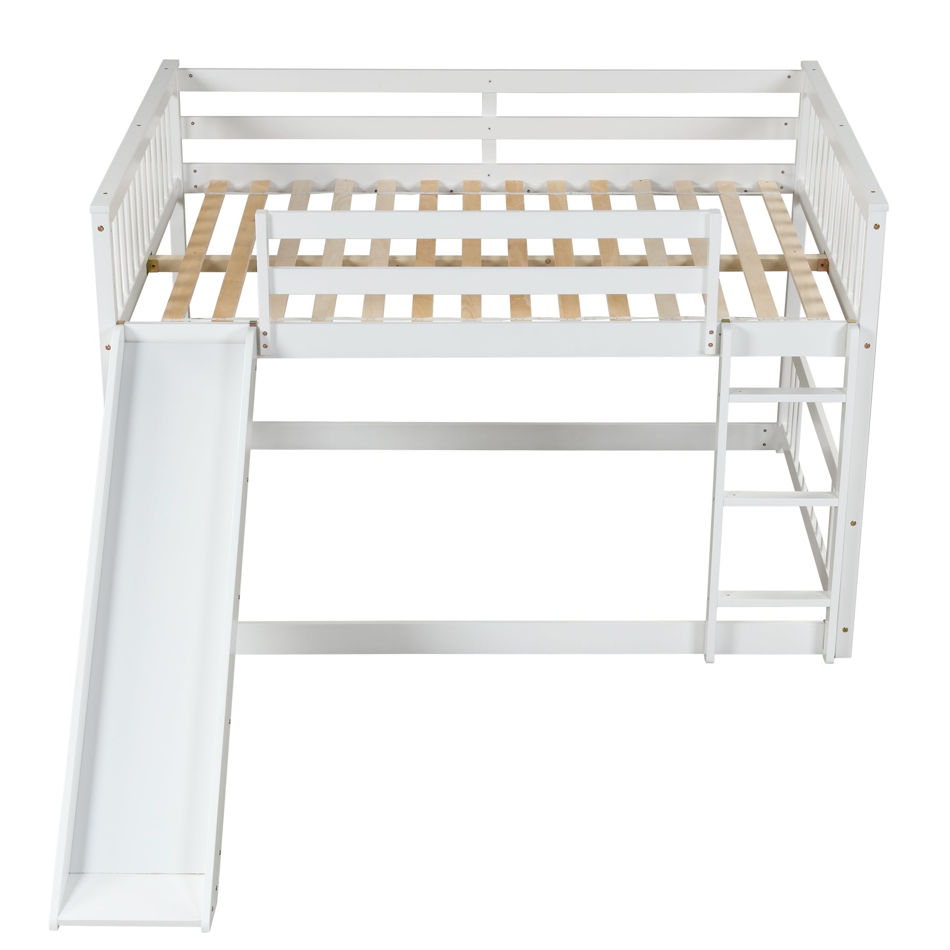 White wooden loft bed with integrated slide and ladder