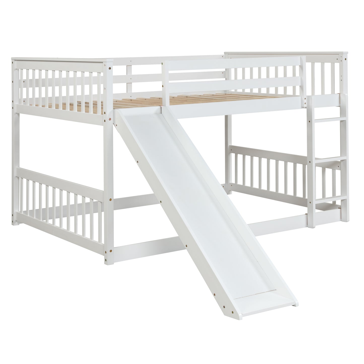White wooden twin over twin bunk bed with slide and ladder