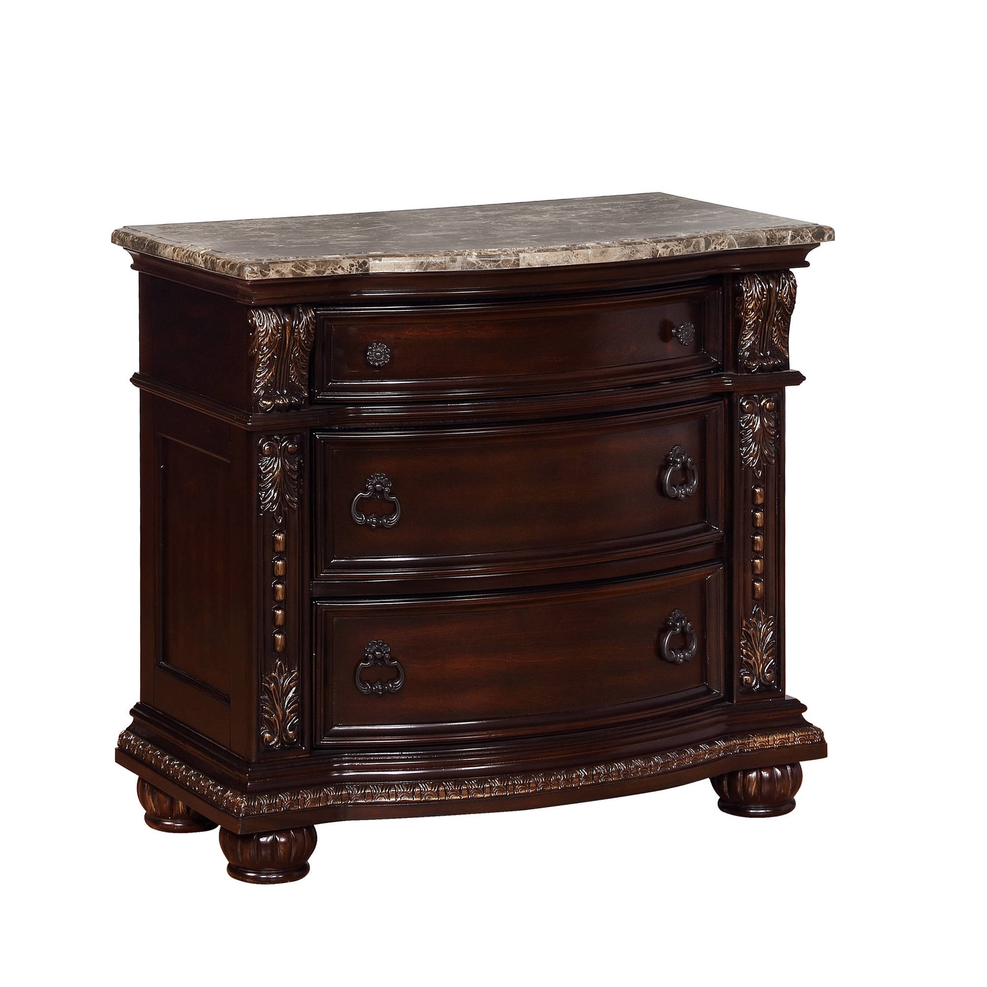 Ornate dark wood nightstand with marble top and decorative drawer pulls
