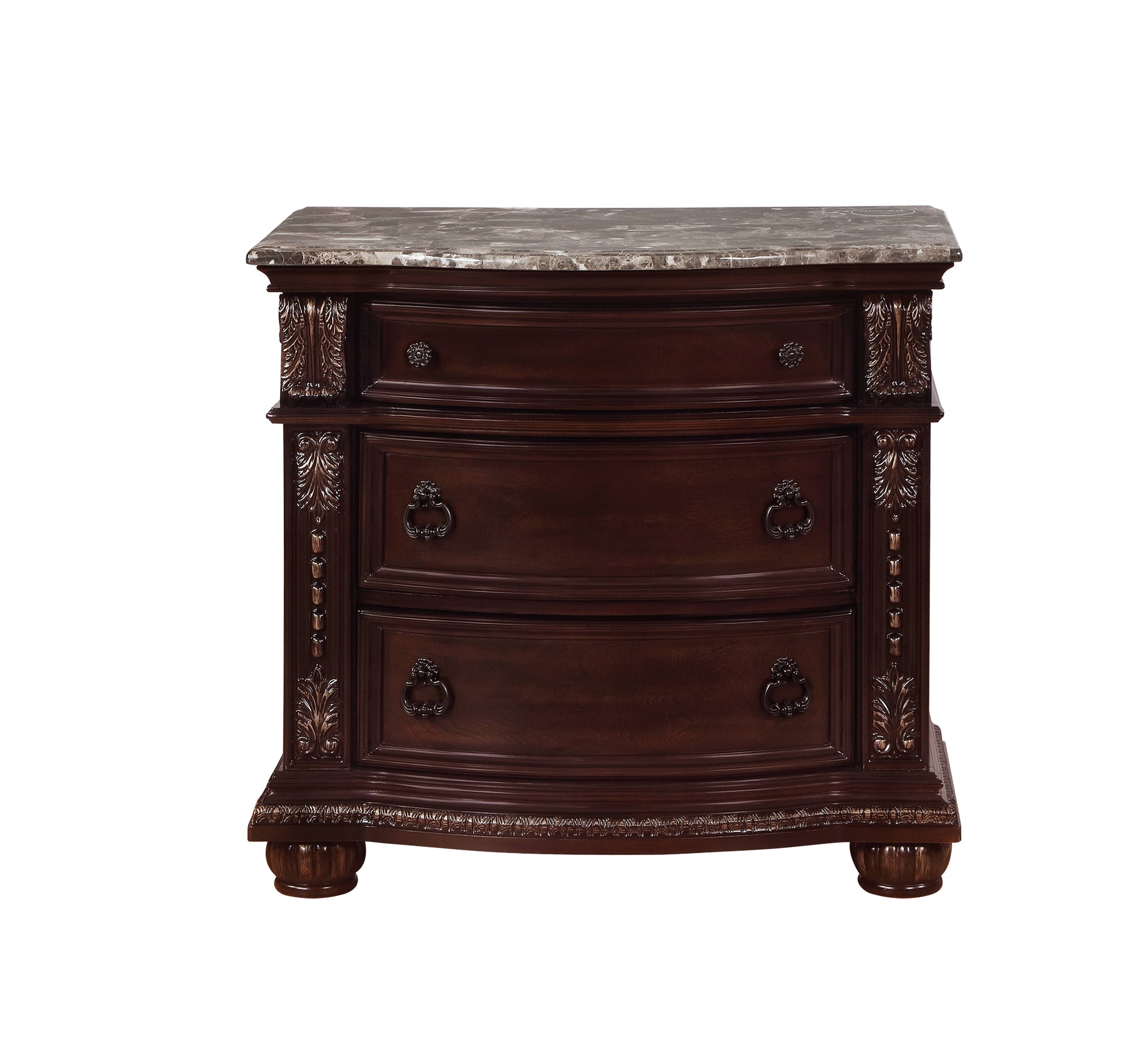 Dark brown wooden nightstand with marble top and ornate carvings