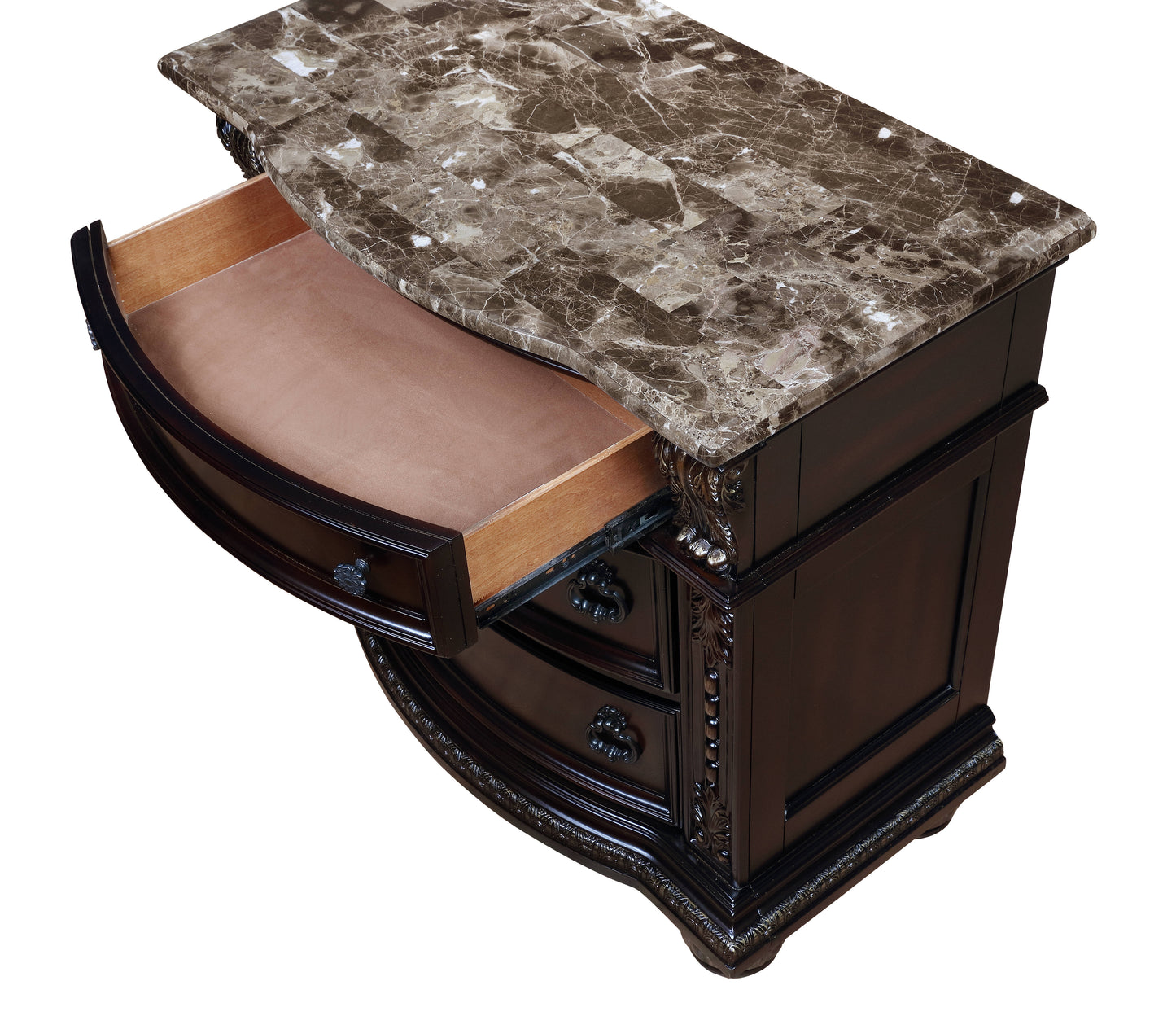 Dark wood dresser with marble top and one open drawer