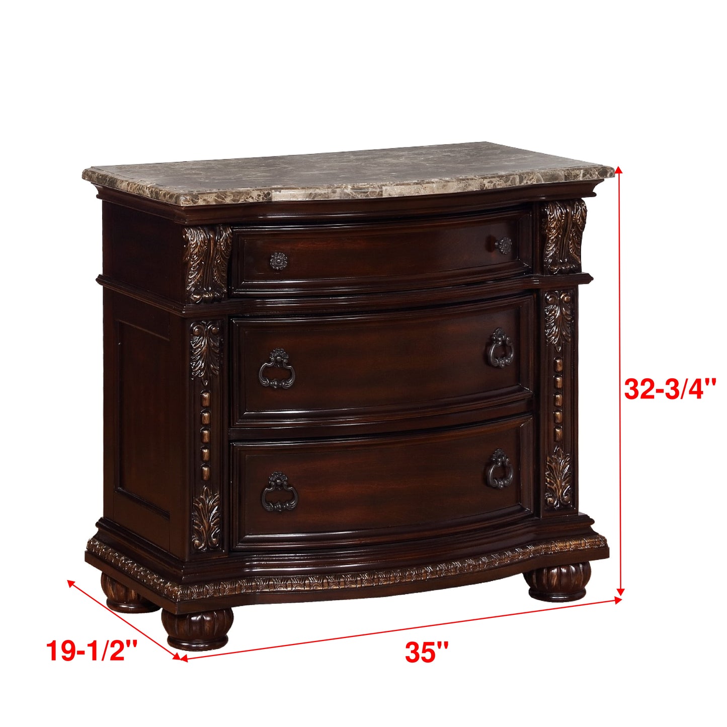 Dark brown wood nightstand with marble top and ornate carvings