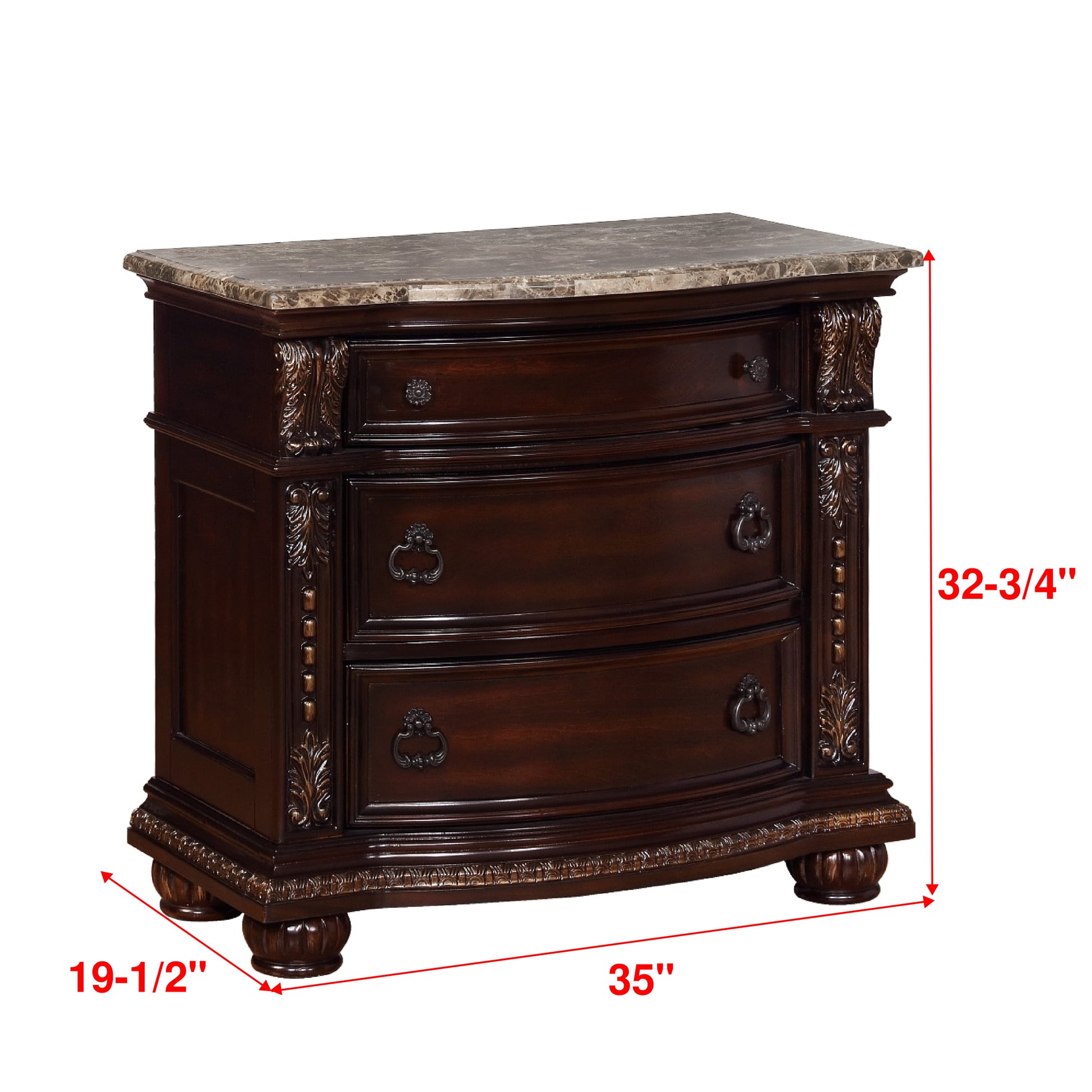 Dark brown wood nightstand with marble top and ornate carvings