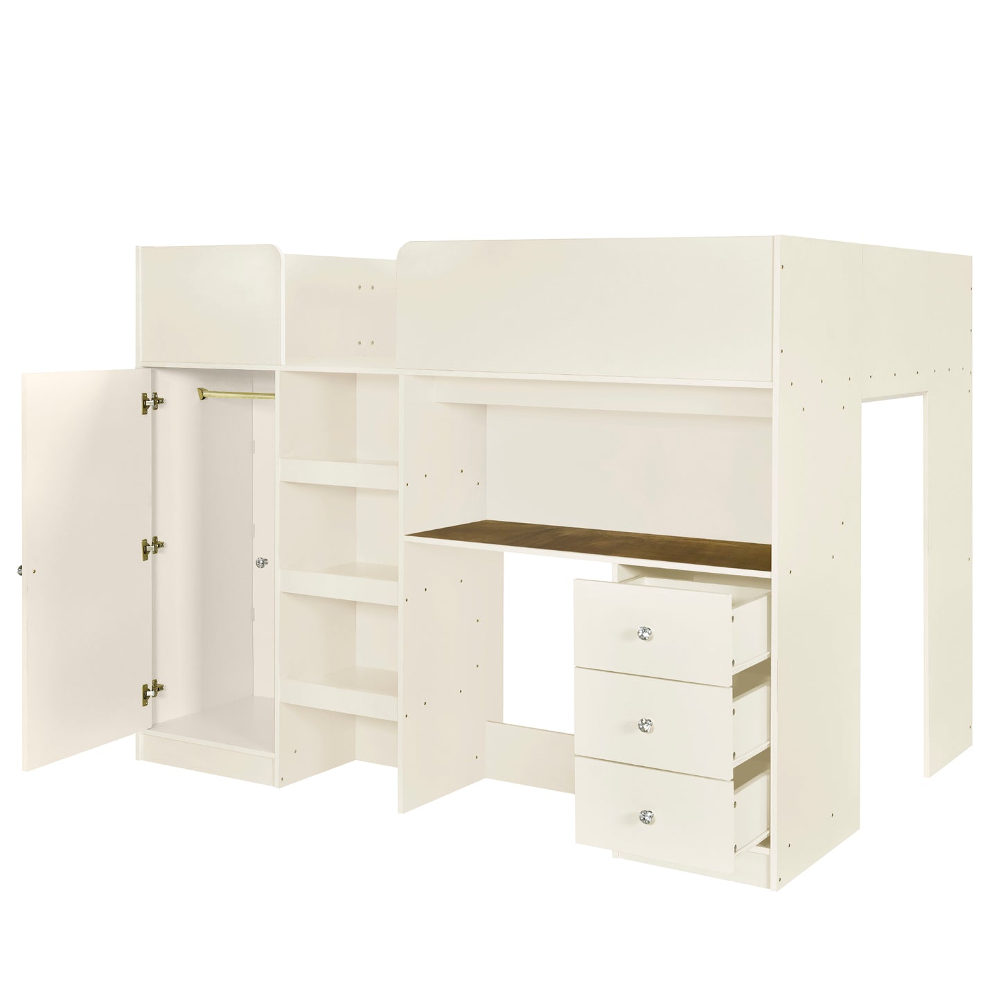 Cream loft bed with integrated desk wardrobe and shelving for childrens room organization