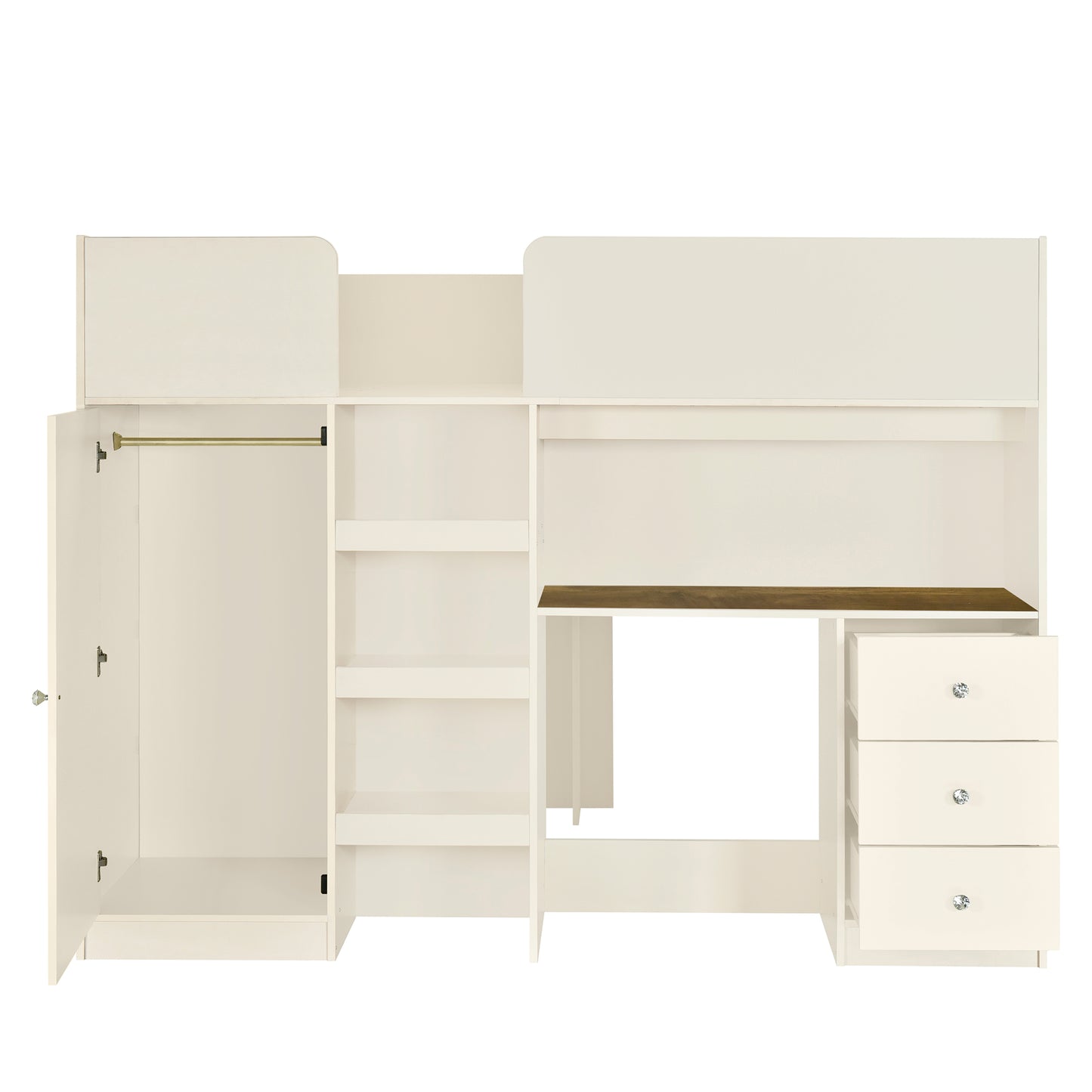 Cream loft bed with integrated wardrobe shelving and desk for childrens rooms