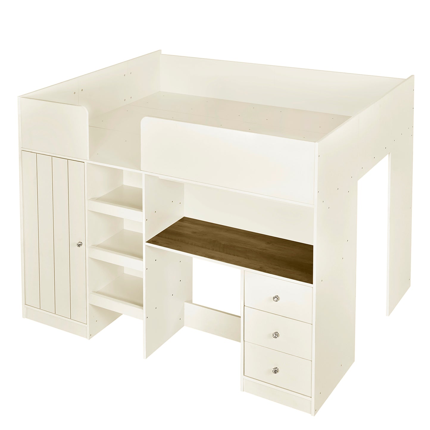 Cream loft bed with desk and storage shelves