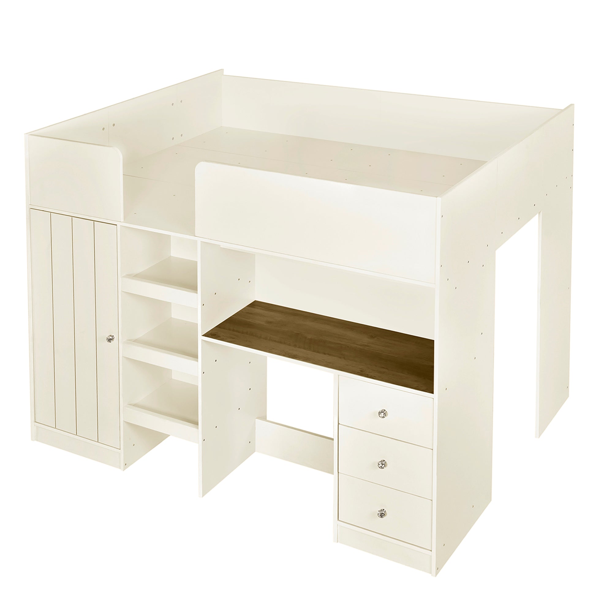 Cream loft bed with desk and storage shelves