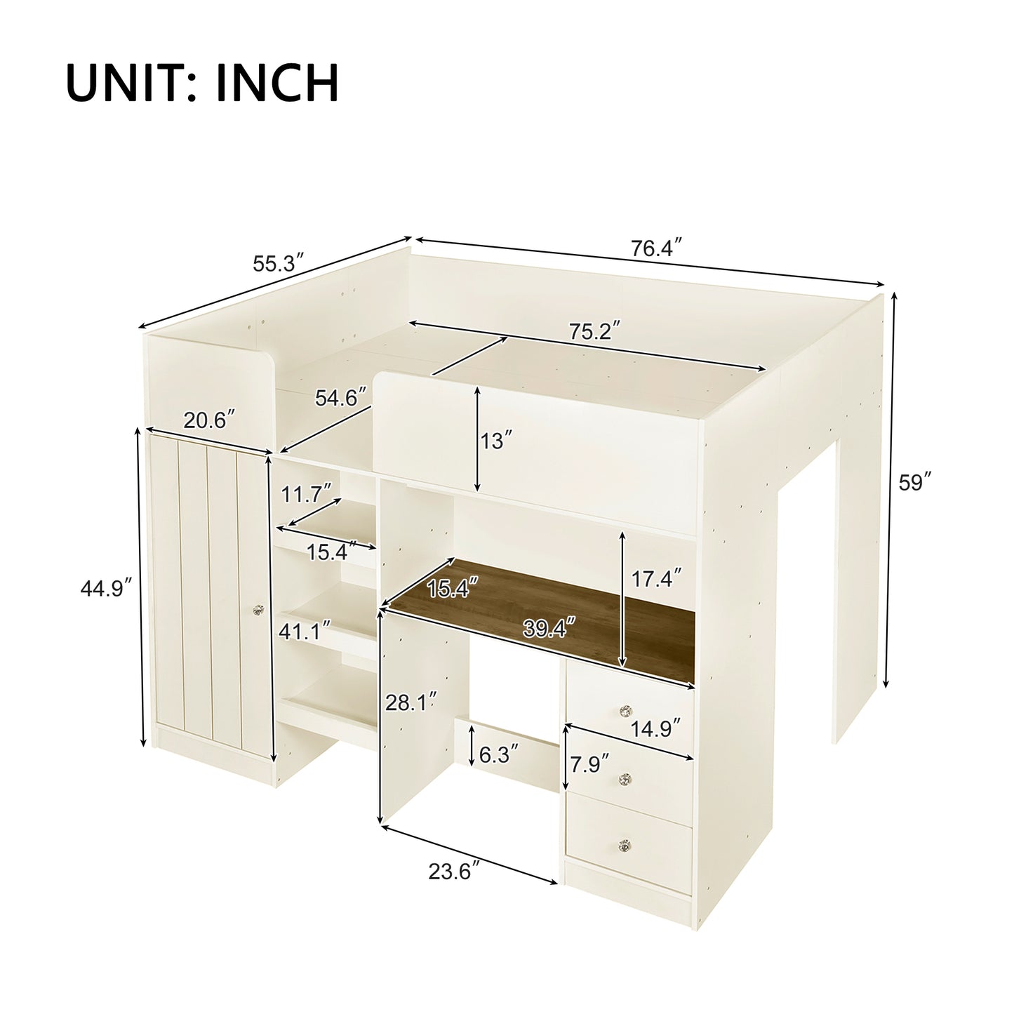 Ivory loft bed with desk and storage
