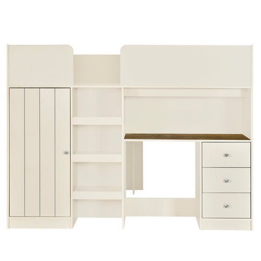 Cream loft bed frame with wardrobe shelves and builtin desk