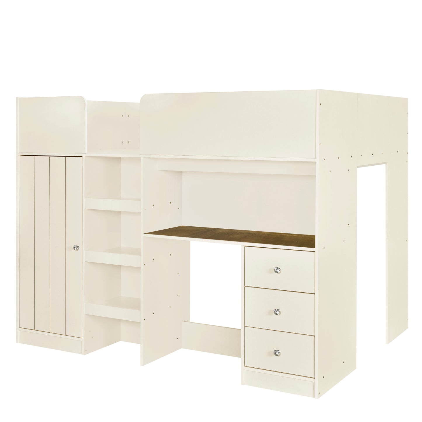 Cream loft bed with desk wardrobe and shelves for kids room